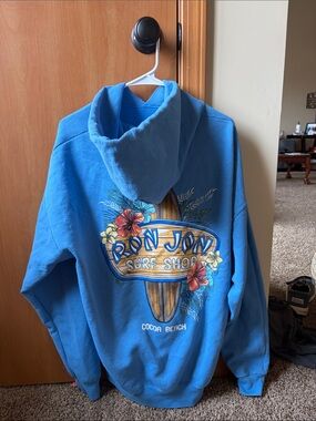 Ron Jon Surf Shop Cocoa Beach Hoodie - Bright Blue with Tropical Graphic